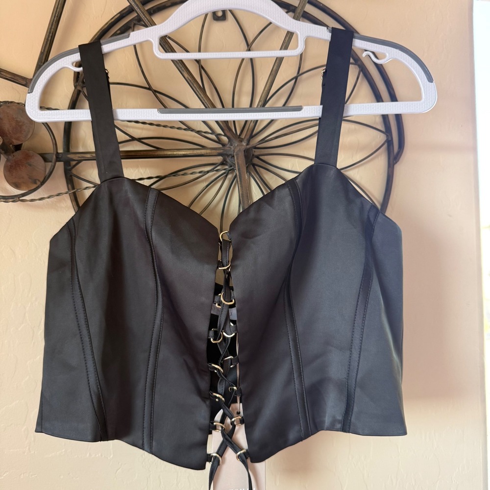 MESHKI Satin Corset Top Women XL Black NWT Lace Up Glam Regency Baddie Flaw